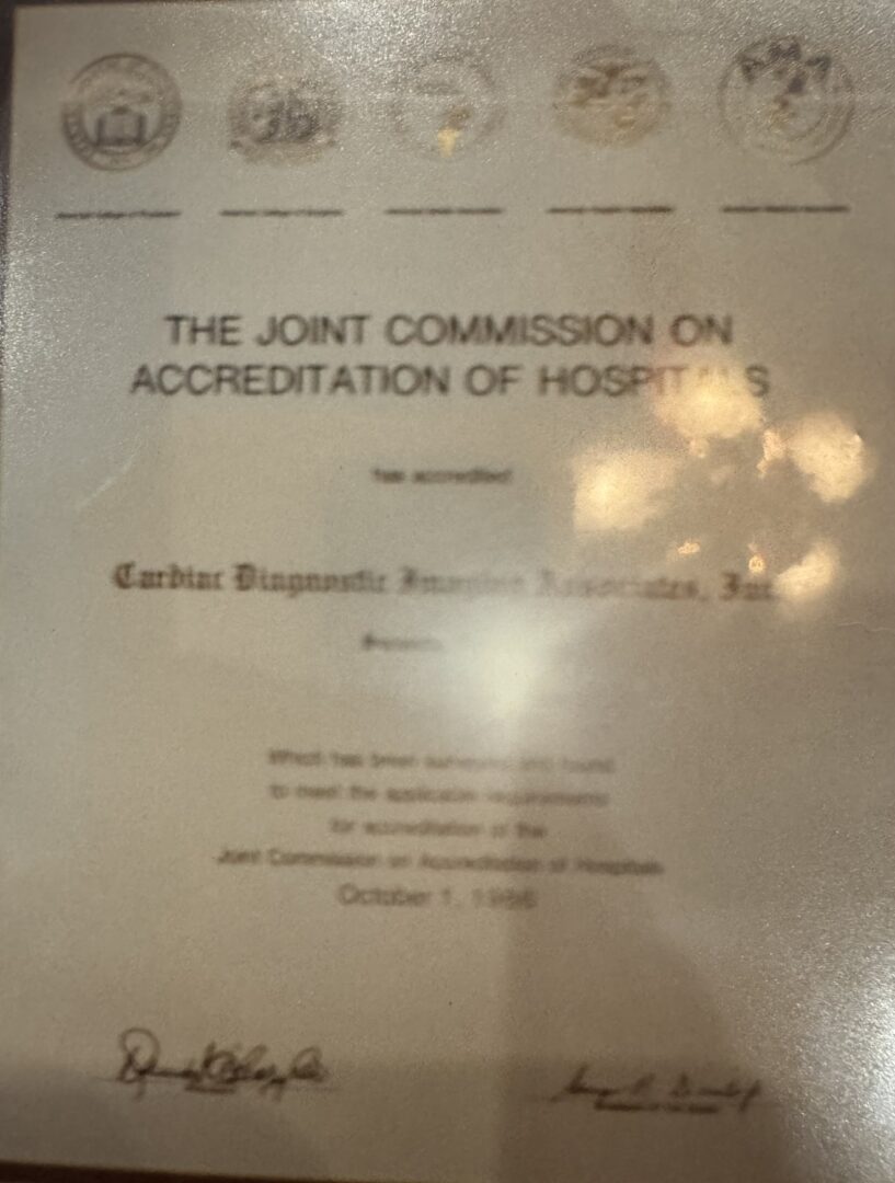 Certificate from the Joint Commission on Accreditation of Hospitals.